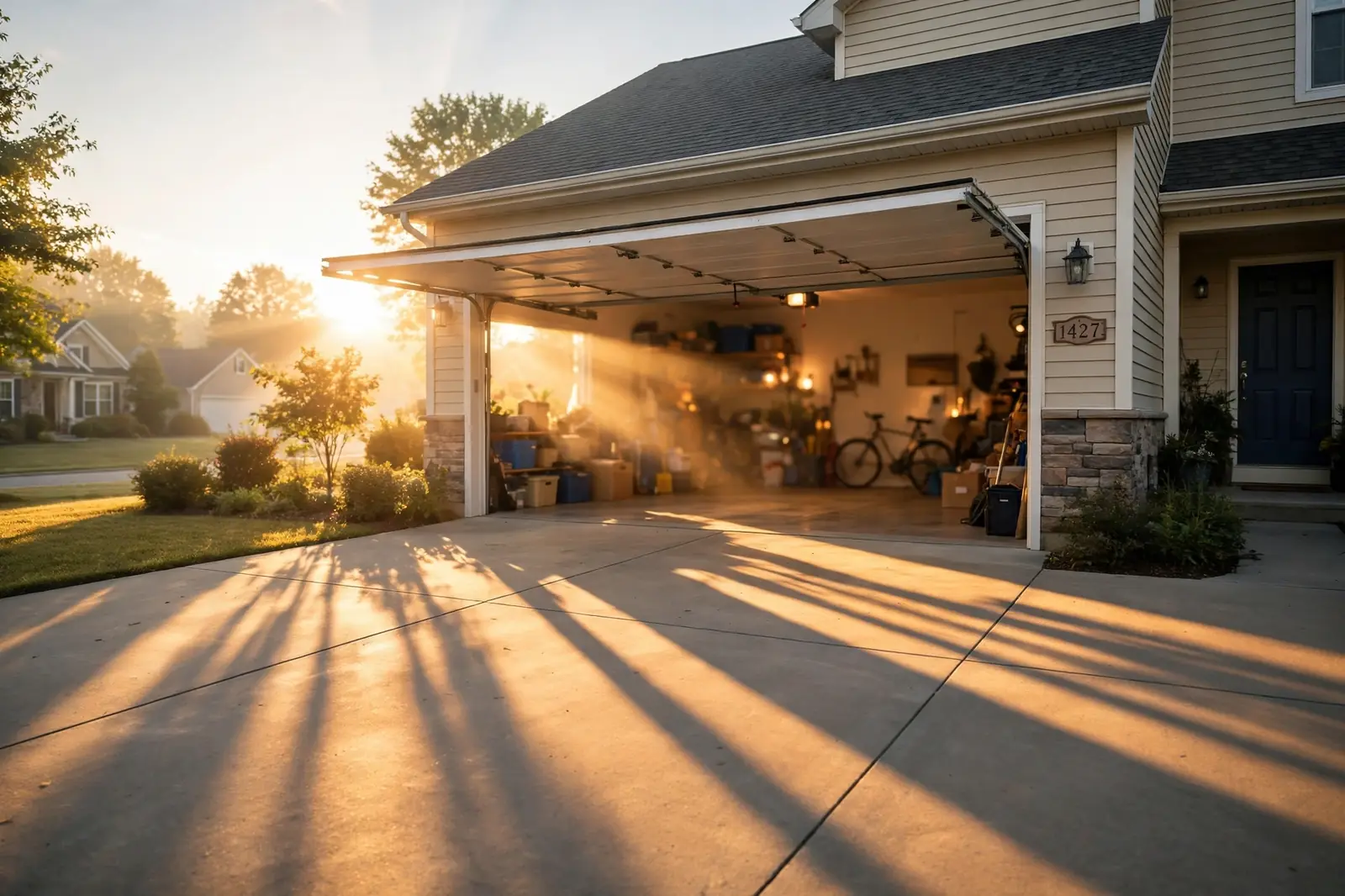 A garage door standing open at dawn, morning light spilling across the driveway