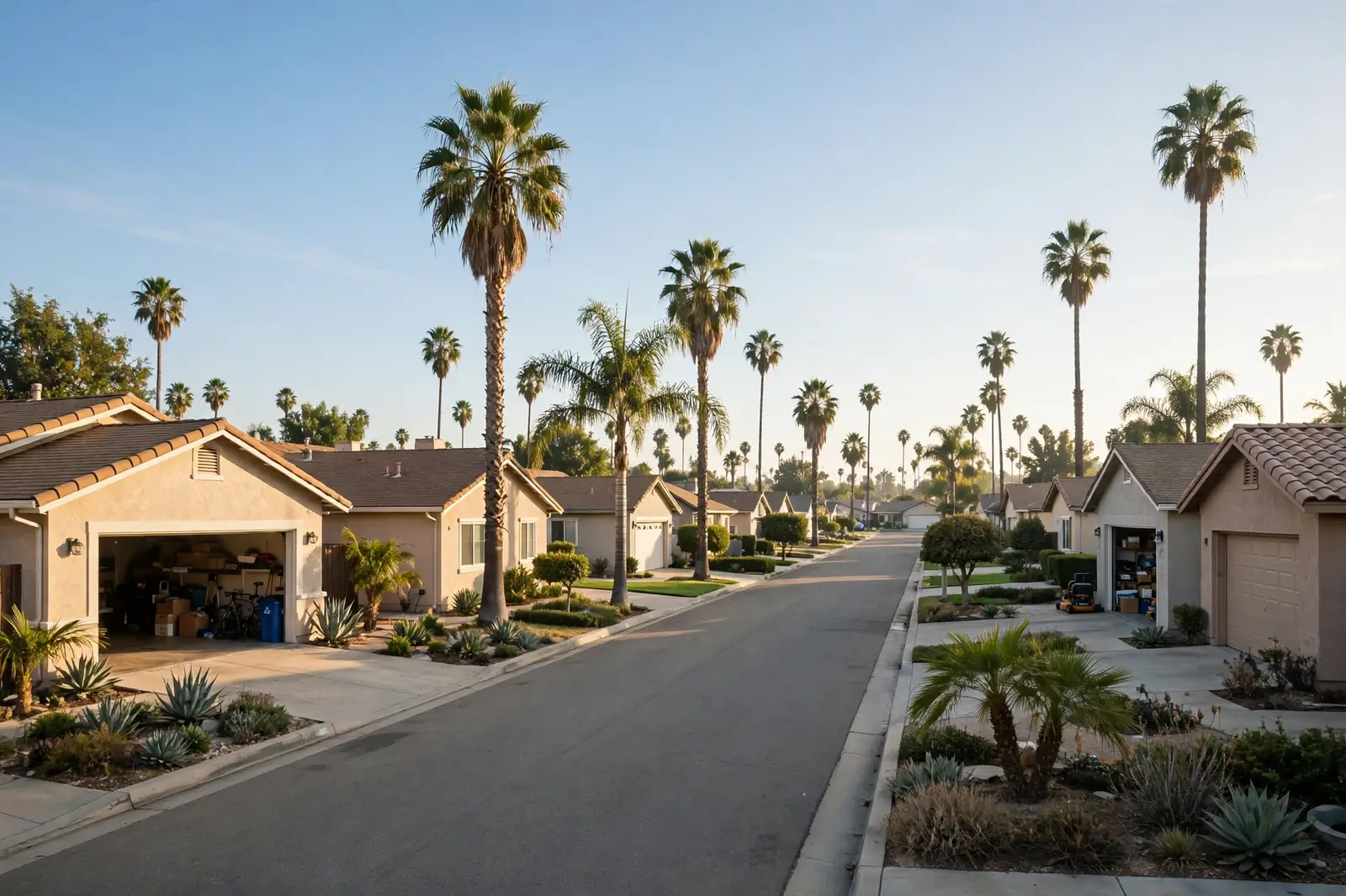 A sunny South Bay suburban street with palm trees and homes